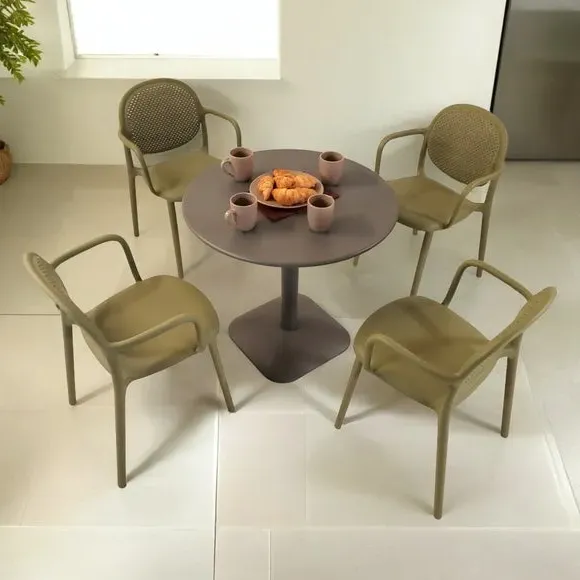 Round Dining Set with 4 Armchairs - Black, Steel