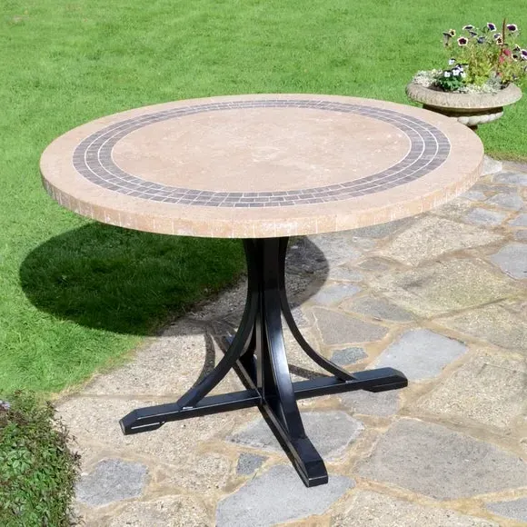 Round Dining Table with Mosaic Border - Beige, Marble image