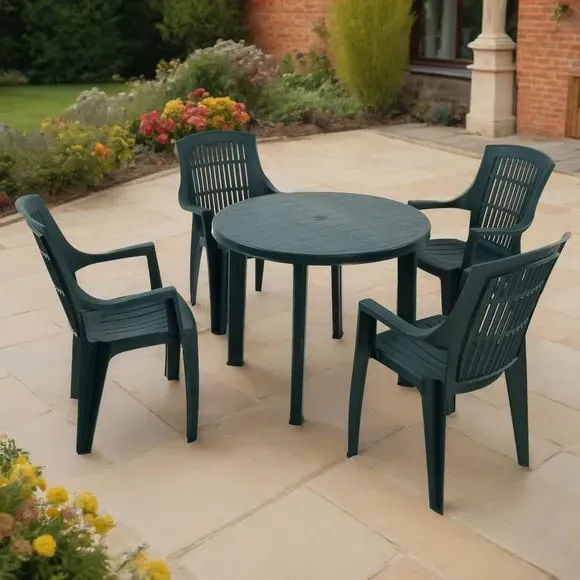 Round Patio Table with 4 Chairs - Dark Green