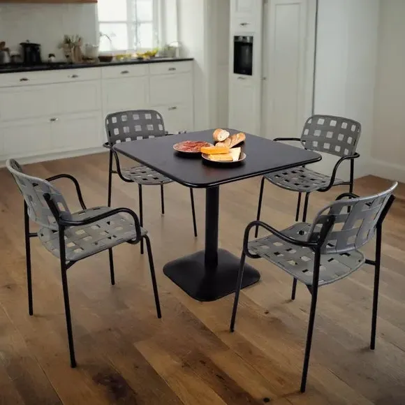 Square Dining Set with 4 Armchairs - Black, Steel