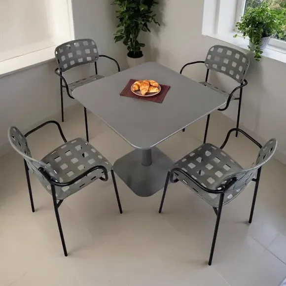 Square Dining Set with 4 Armchairs - Grey, Steel