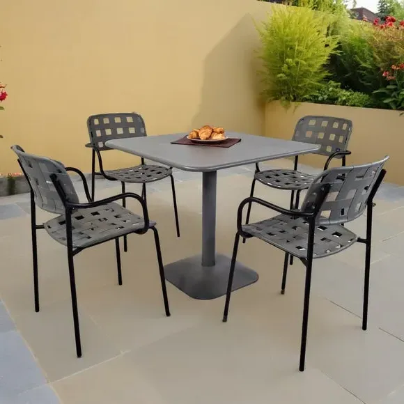 Square Dining Set with 4 Armchairs - Grey, Steel