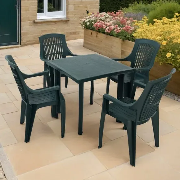 Square Patio Table with 4 Chairs - Dark Green, Resin