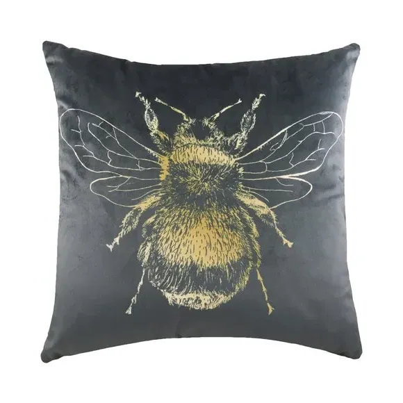 Bee Print Cushion with Zip - Grey, Polyester