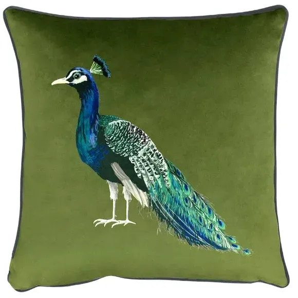 Peacock Print Cushion with Piped Edge - Olive