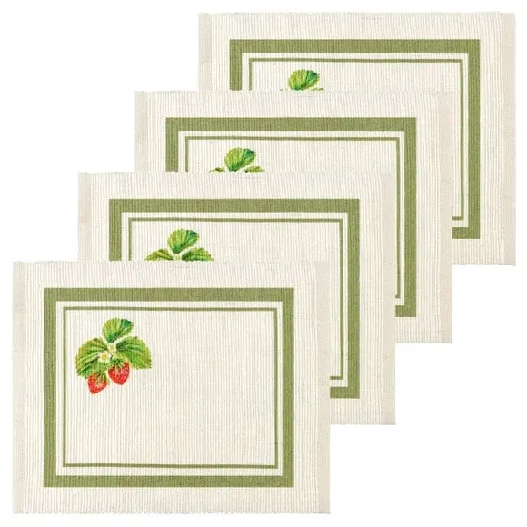 Set of 4 Placemats Strawberry Design - Sage, Polyester