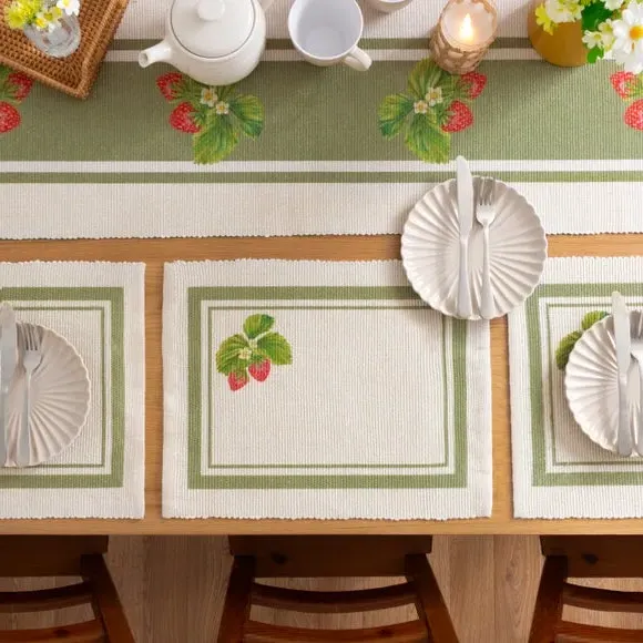 Set of 4 Placemats Strawberry Design - Sage, Polyester