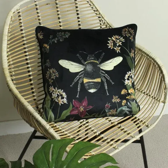 Square Cushion with Bee Print - Multicolor, Velvet image