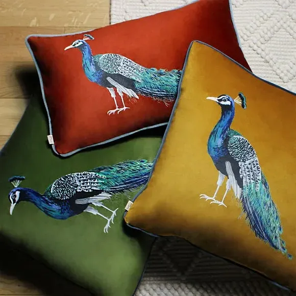 Square Cushion with Peacock Print - Multicolor, Velvet