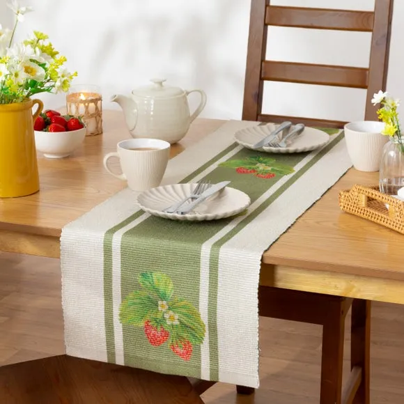 Table Runner Strawberry Design - Sage, Polyester