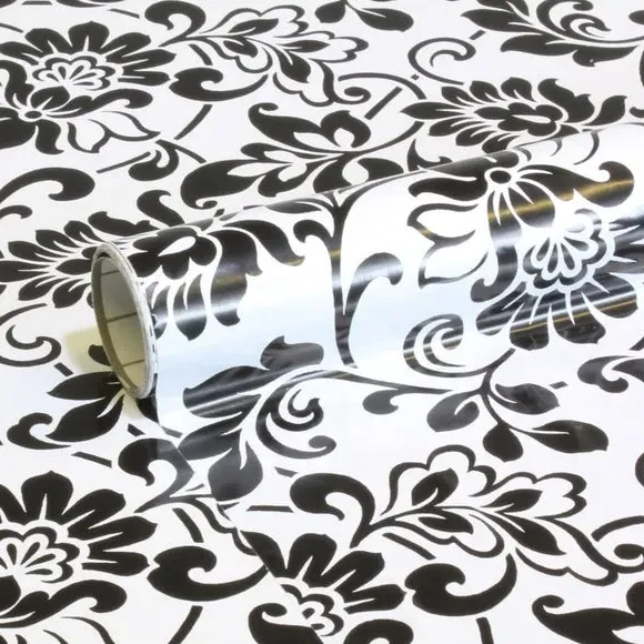 Damask Sticky Back Plastic - Black/White
