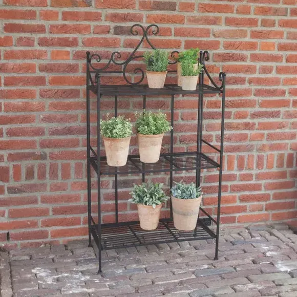 3-Tier Plant Stand with Scroll Design - Black Metal