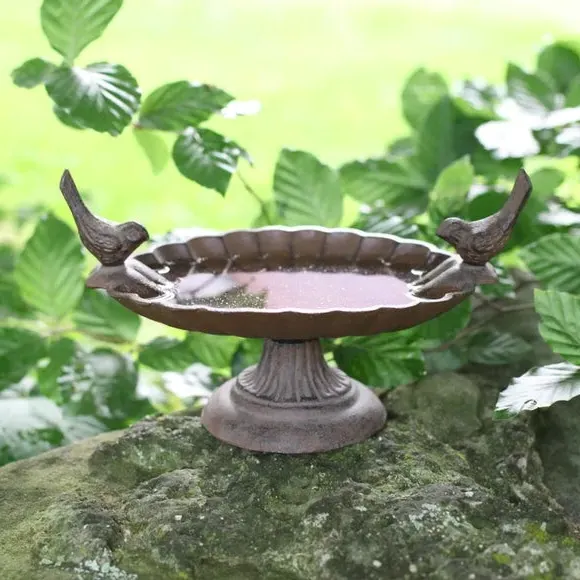 Bird Bath with 2 Birds - Brown, Cast Iron