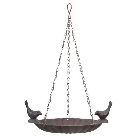 Hanging Bird Bath with 2 Birds - Brown, Cast Iron