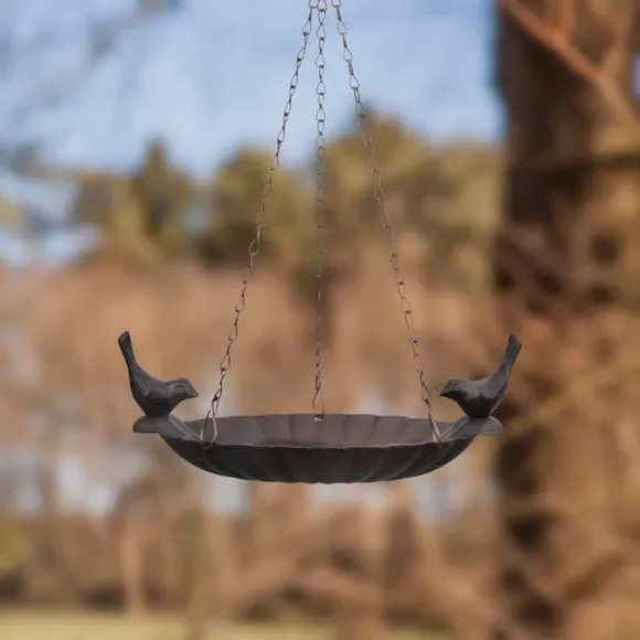 Hanging Bird Bath with 2 Birds - Brown, Cast Iron image