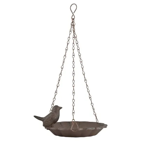 Hanging Bird Bath with Bird Detail - Brown, Cast Iron