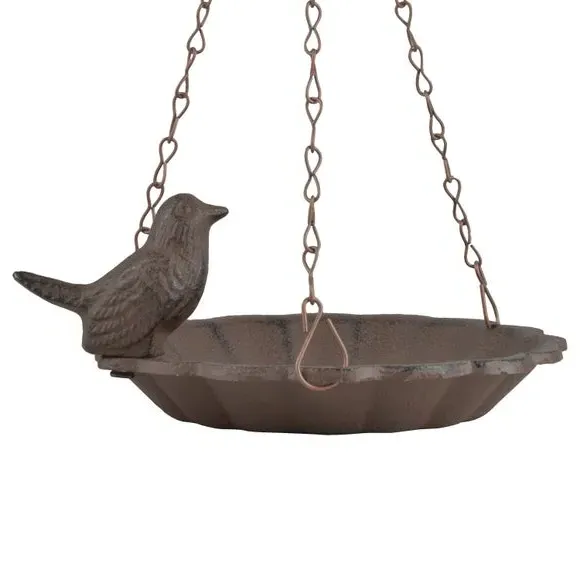 Hanging Bird Bath with Bird Detail - Brown, Cast Iron image