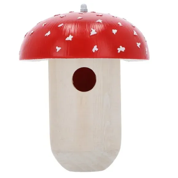 Mushroom Bird House Nest Box - Red, Wood image