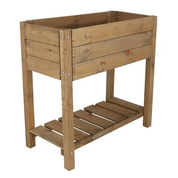 Slatted Raised Garden Bed with Shelf - Brown, Wood