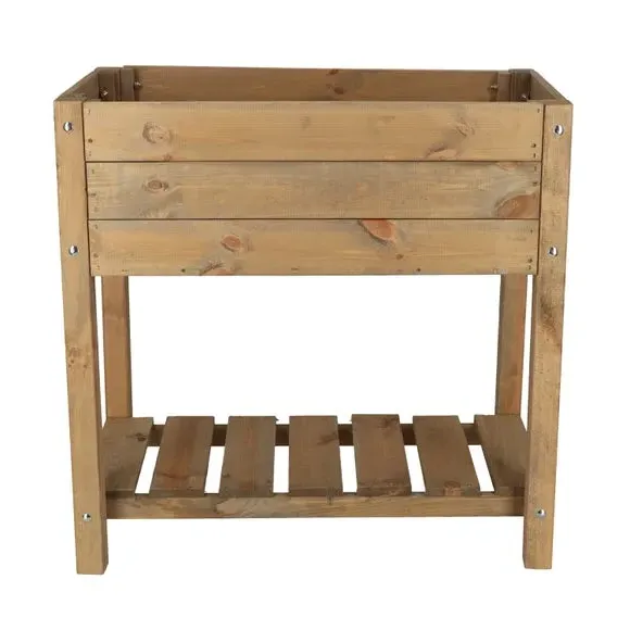 Slatted Raised Garden Bed with Shelf - Brown, Wood image