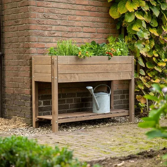 Slatted Raised Garden Bed with Shelf - Brown, Wood
