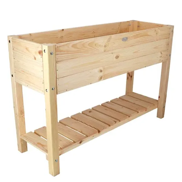 Slatted Raised Garden Bed with Shelf - Natural Wood