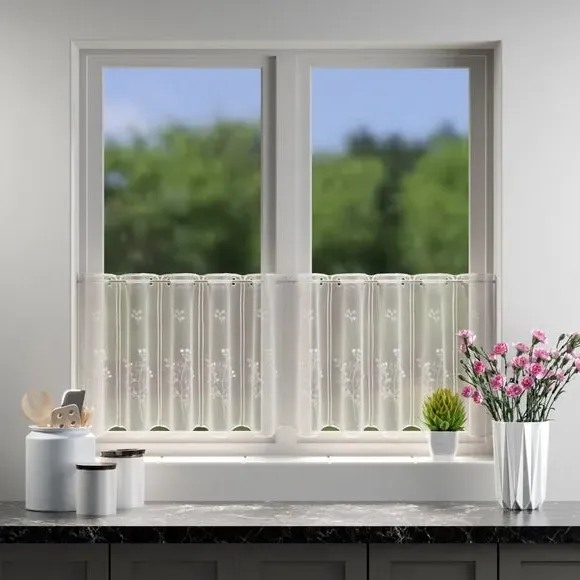 Cafe Curtain with Embroidery - White, Voile image