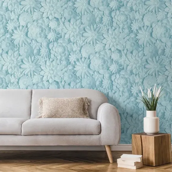 3D Floral Wallpaper - Teal