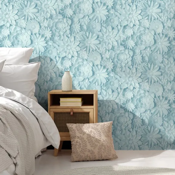 3D Floral Wallpaper - Teal