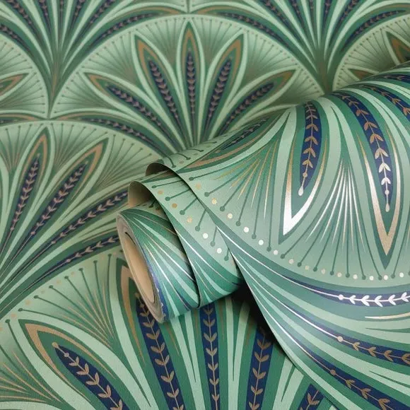 Art Deco Fan Wallpaper - Blue, Metallic