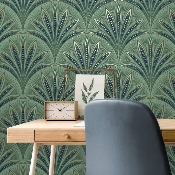 Art Deco Fan Wallpaper - Blue, Metallic