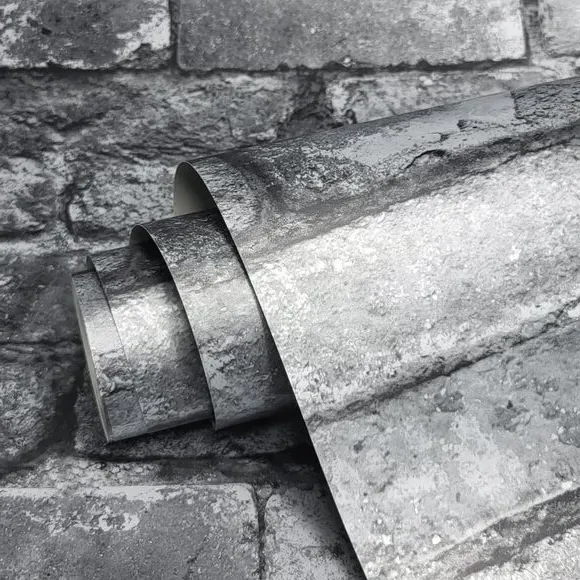 Brick Pattern Wallpaper - Silver, Faux Finish