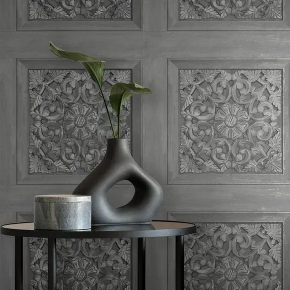 Carved Panel Wallpaper - Charcoal