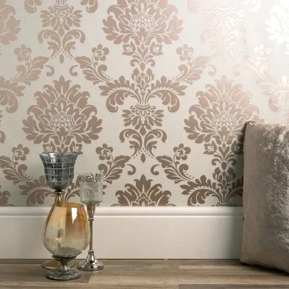 Damask Wallpaper with Glitter Backing - Rose Gold