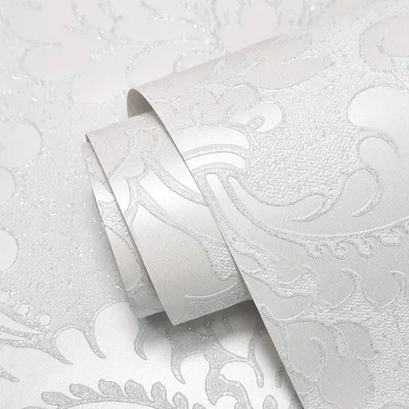 Damask Wallpaper with Glitter Backing - Silver