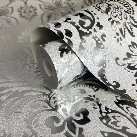 Damask Wallpaper with Metallic Foil - Silver, Vinyl