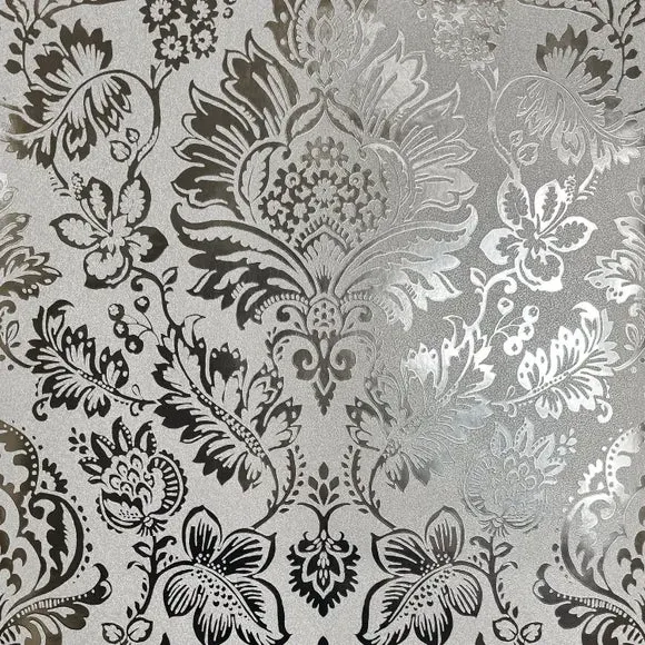 Damask Wallpaper with Metallic Foil - Silver, Vinyl