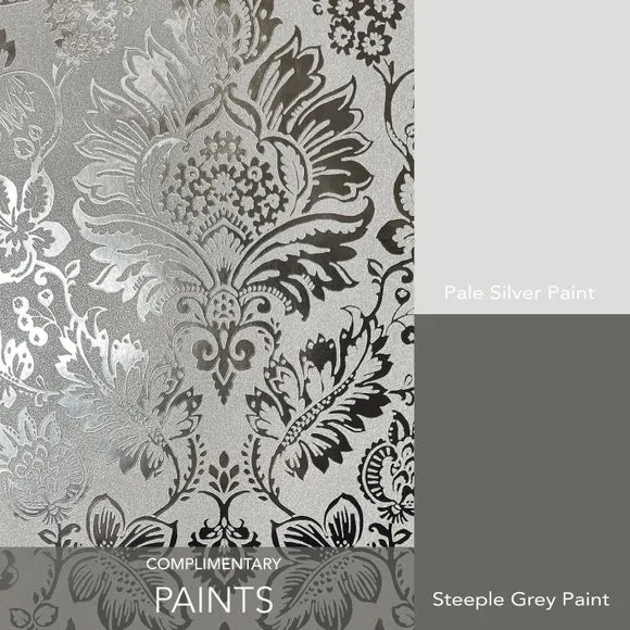 Damask Wallpaper with Metallic Foil - Silver, Vinyl