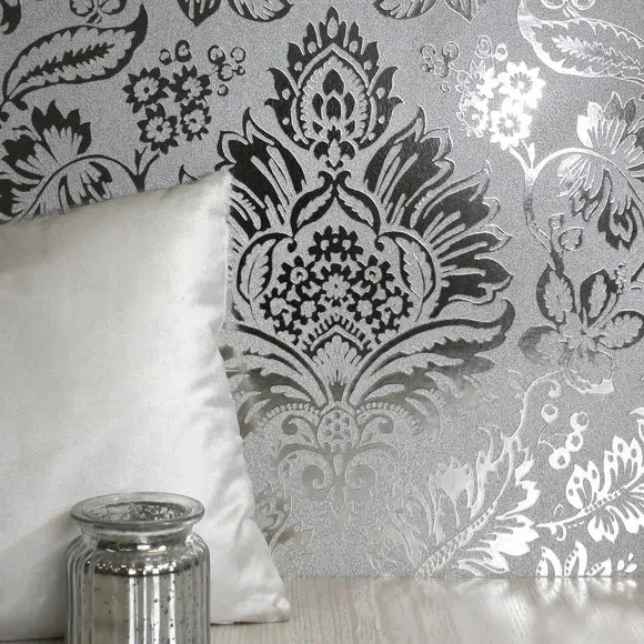 Damask Wallpaper with Metallic Foil - Silver, Vinyl