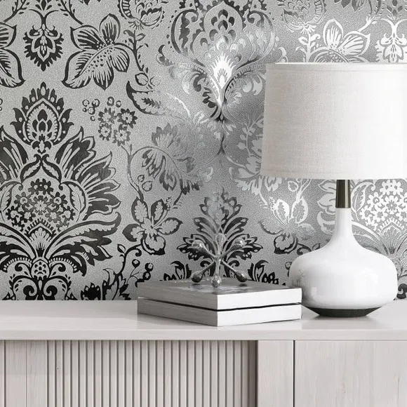 Damask Wallpaper with Metallic Foil - Silver, Vinyl image