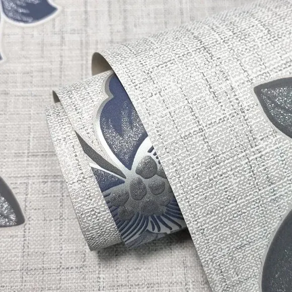 Floral Wallpaper Textured - Navy, Metallic