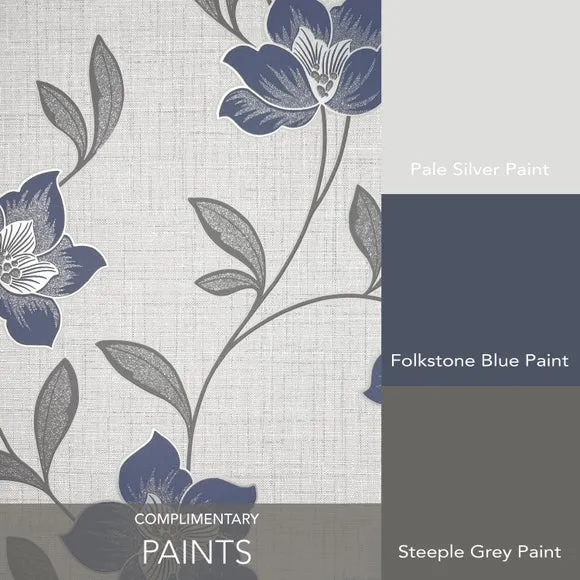 Floral Wallpaper Textured - Navy, Metallic