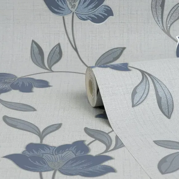 Floral Wallpaper Textured - Navy, Metallic