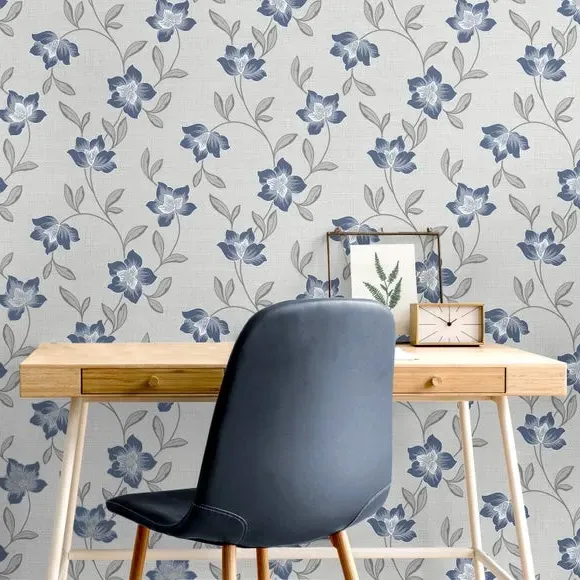 Floral Wallpaper Textured - Navy, Metallic