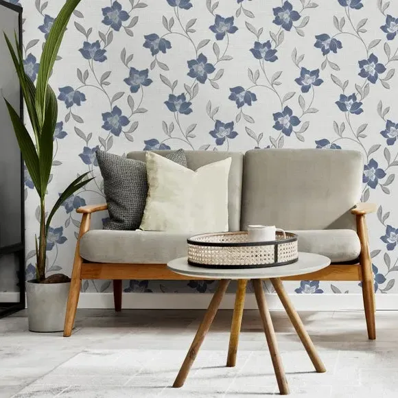 Floral Wallpaper Textured - Navy, Metallic image