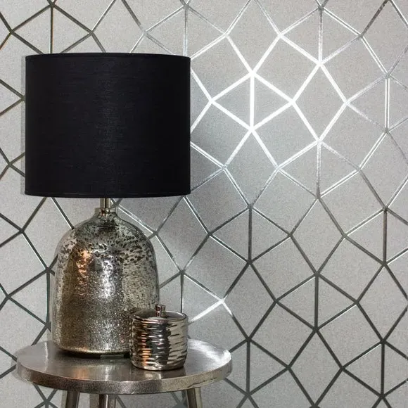 Geo Trellis Vinyl Wallpaper - Silver, Metallic