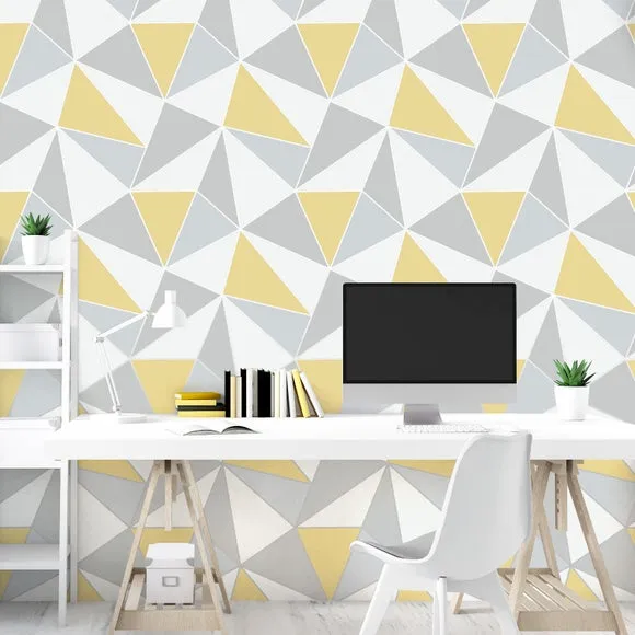 Geometric Wallpaper with Metallic Highlights - Yellow