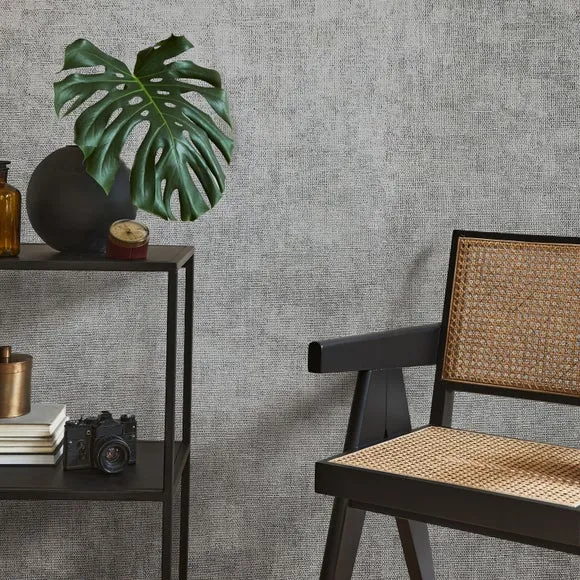 Hessian Textured Wallpaper - Grey, Vinyl