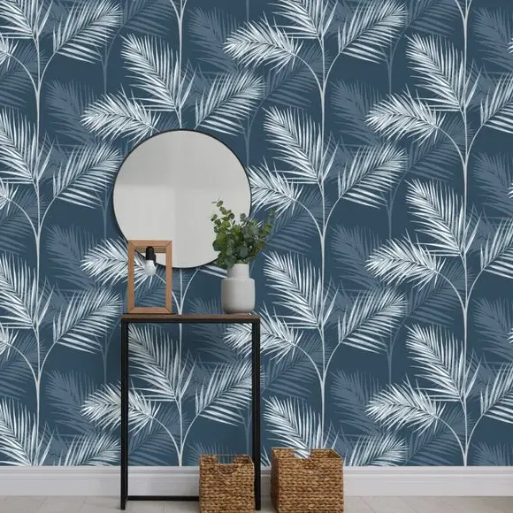 South Beach Wallpaper - Navy, Metallic Accents