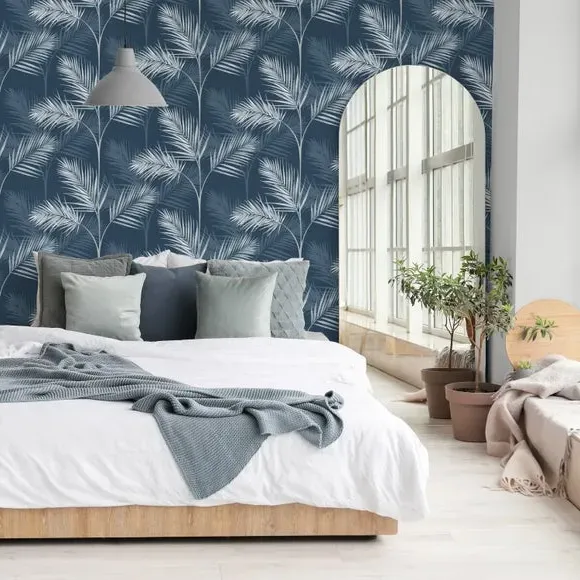 South Beach Wallpaper - Navy, Metallic Accents image